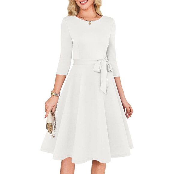Women's White 3/4 Sleeve Vintage Flattering A-line Vintage Cocktail Dresses - Picture 1 of 5